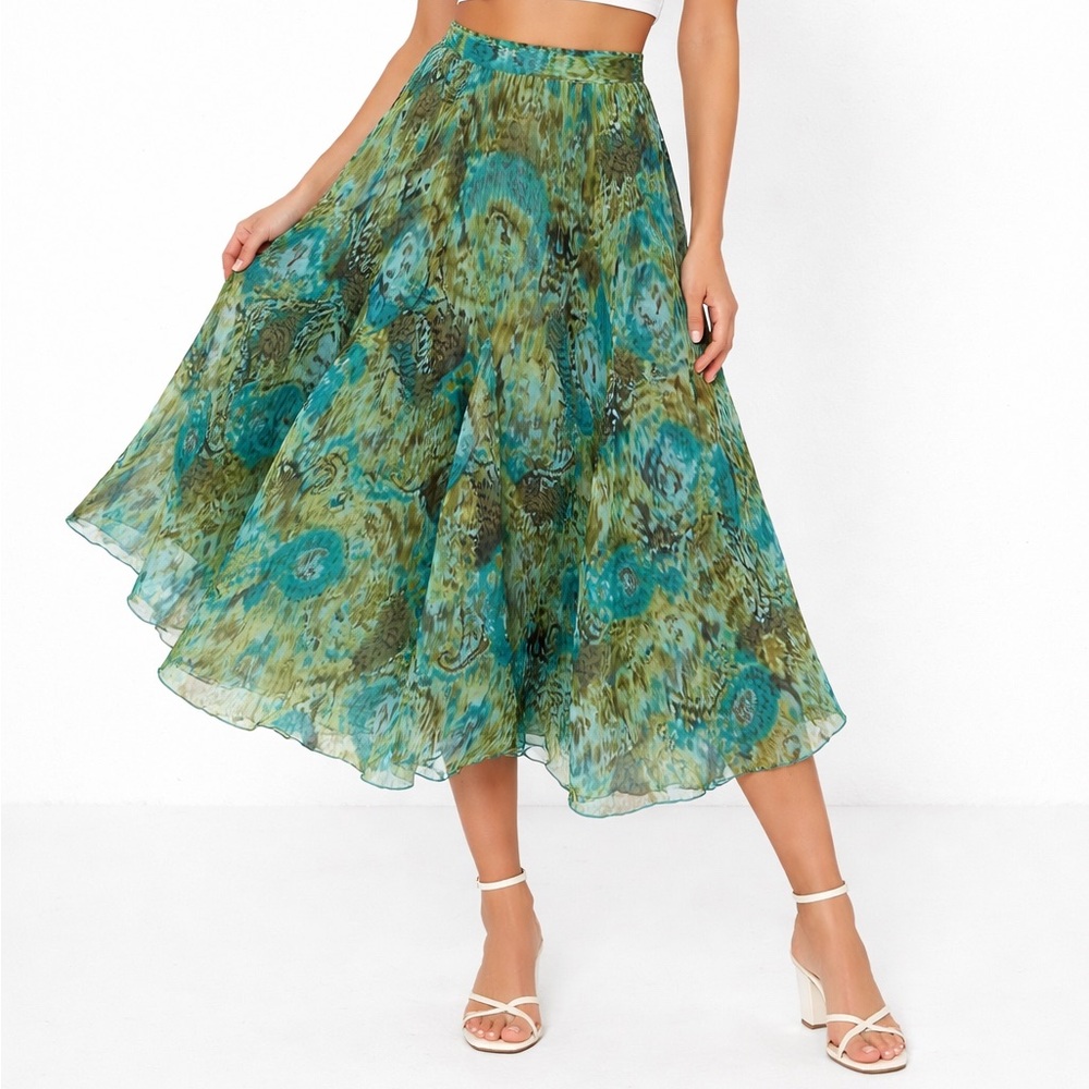 Coldwater Creek Abstract Print Chiffon A-Line Midi Skirt Teal Green Size XS